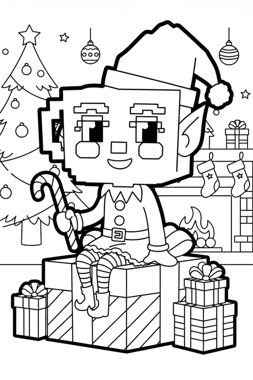 pixel elfje bij haardvuur kleurplaat