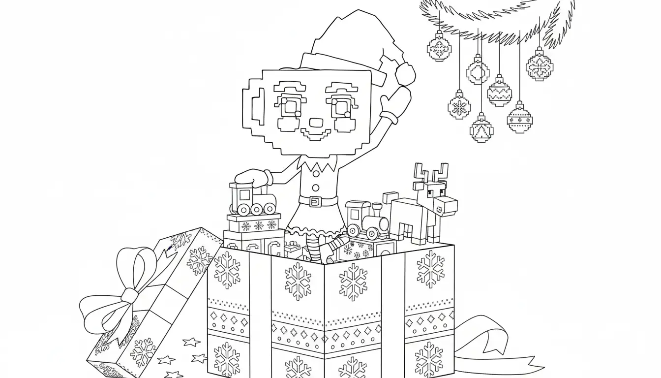 pixel elfje uit cadeau met speelgoed kleurplaat