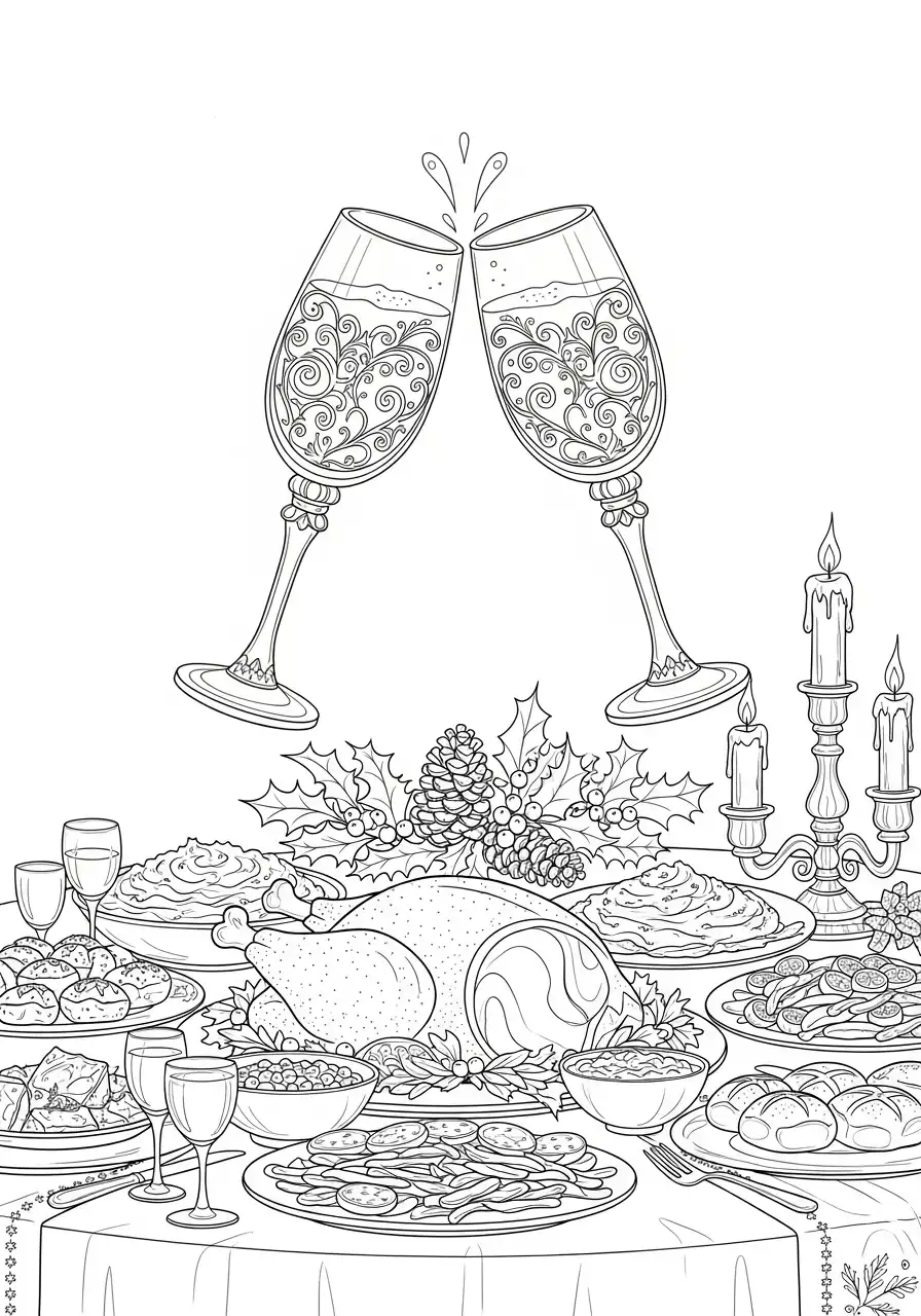 proost op het kerstdiner met champagne kleurplaat