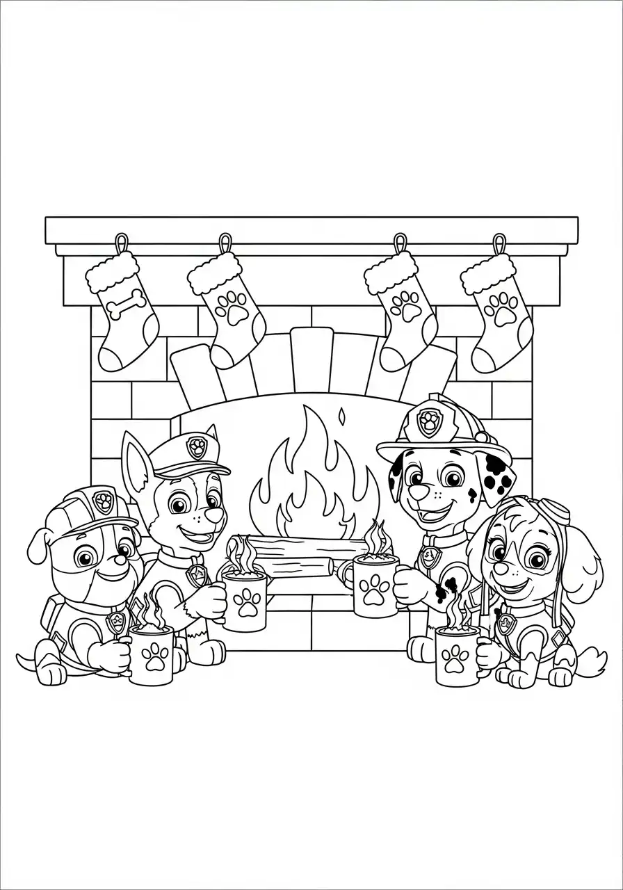 Paw Patrol Kerst Kleurplaat 41 pups drinken chocolademelk bij kersthaard Kleurplaat