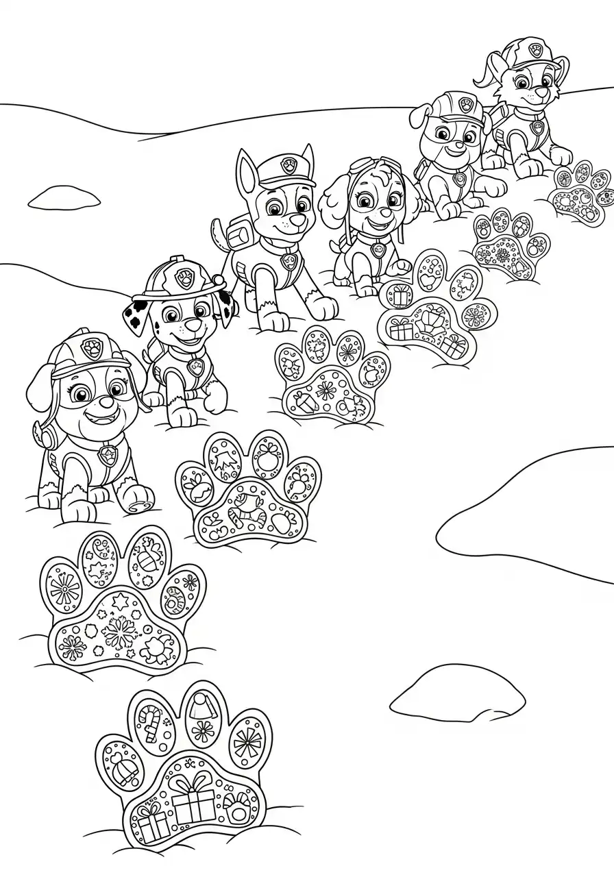 Paw Patrol Kerst Kleurplaat 42 pups lopen in versierde pootafdrukken sneeuw Kleurplaat