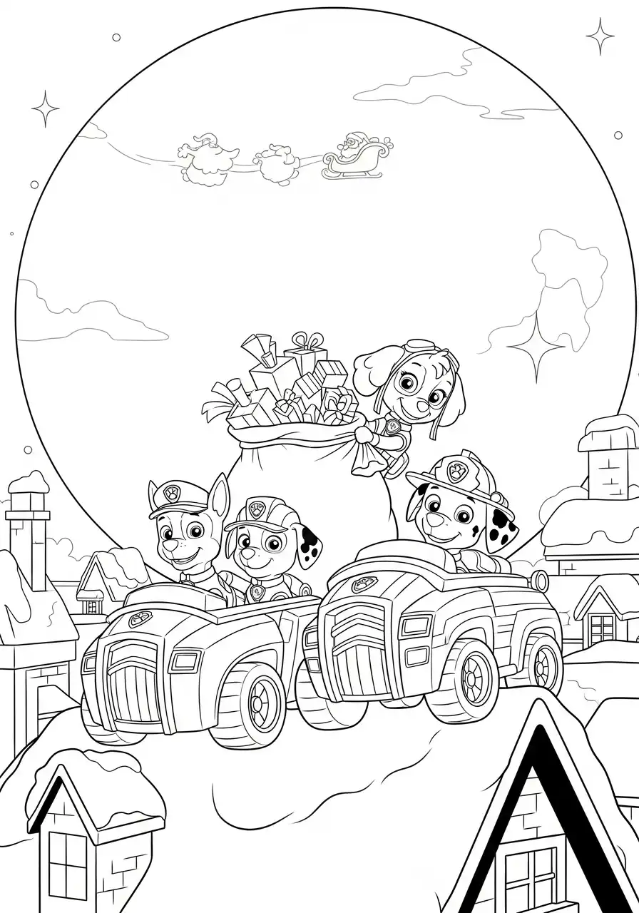 Paw Patrol Kerst Kleurplaat 43 pups rijden met cadeaus onder volle maan Kleurplaat