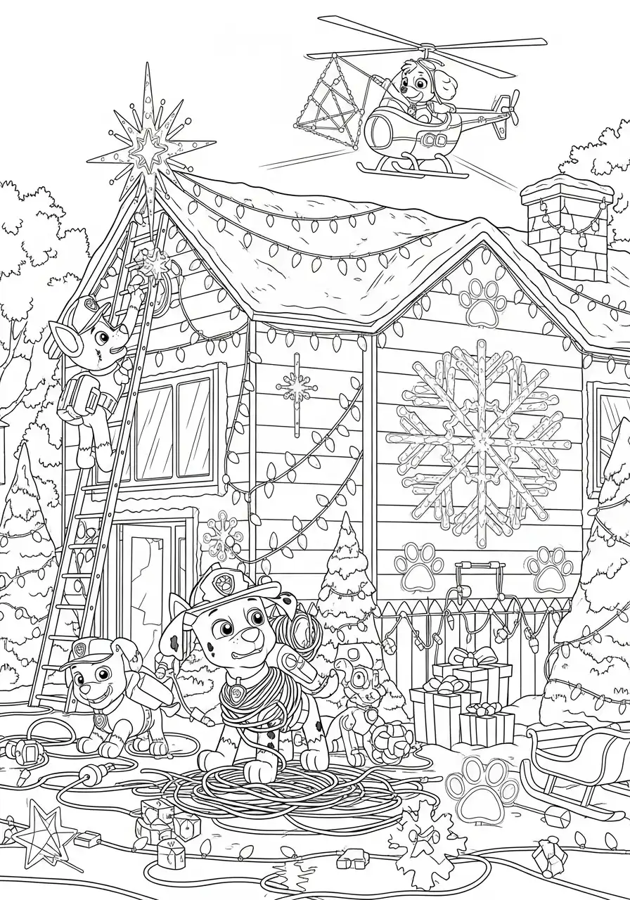 Paw Patrol Kerst Kleurplaat 44 pups versieren huis met kerstverlichting Kleurplaat