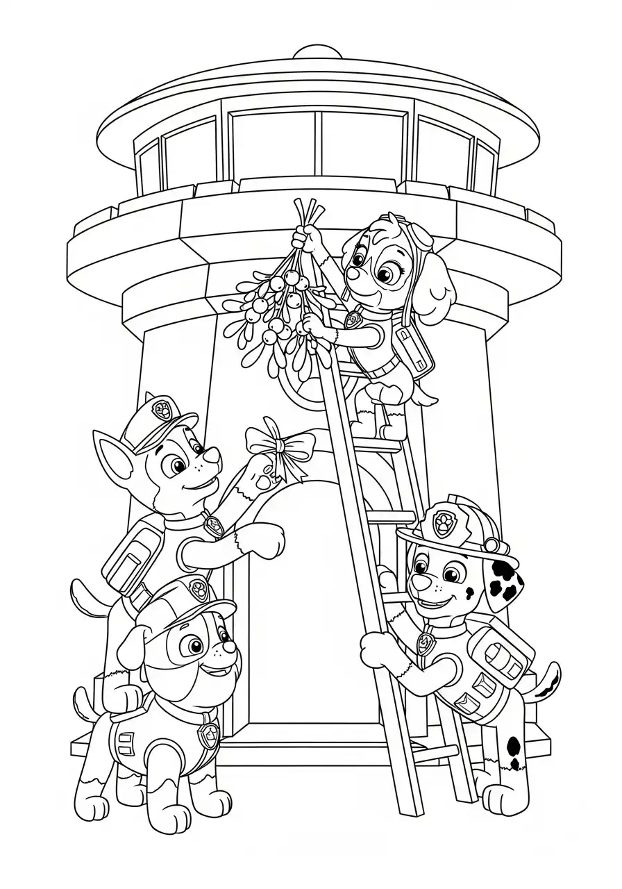 Paw Patrol Kerst Kleurplaat 45 pups versieren uitkijktoren met maretak Kleurplaat