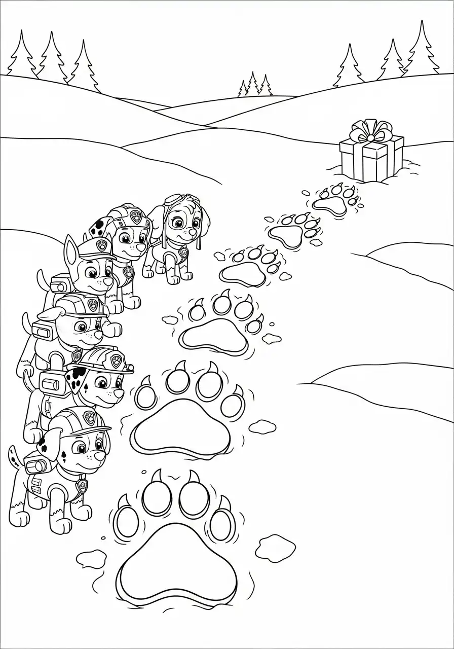 Paw Patrol Kerst Kleurplaat 46 pups volgen pootafdrukken naar kerstcadeau Kleurplaat