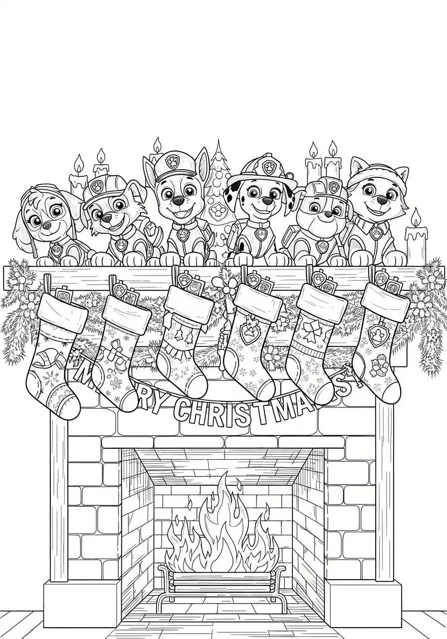 Paw Patrol Kerst Kleurplaat 47 pups zitten boven schoorsteenmantel met sokken Kleurplaat