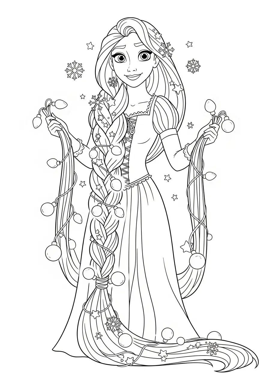 rapunzel met kerstverlichting in haar kleurplaat