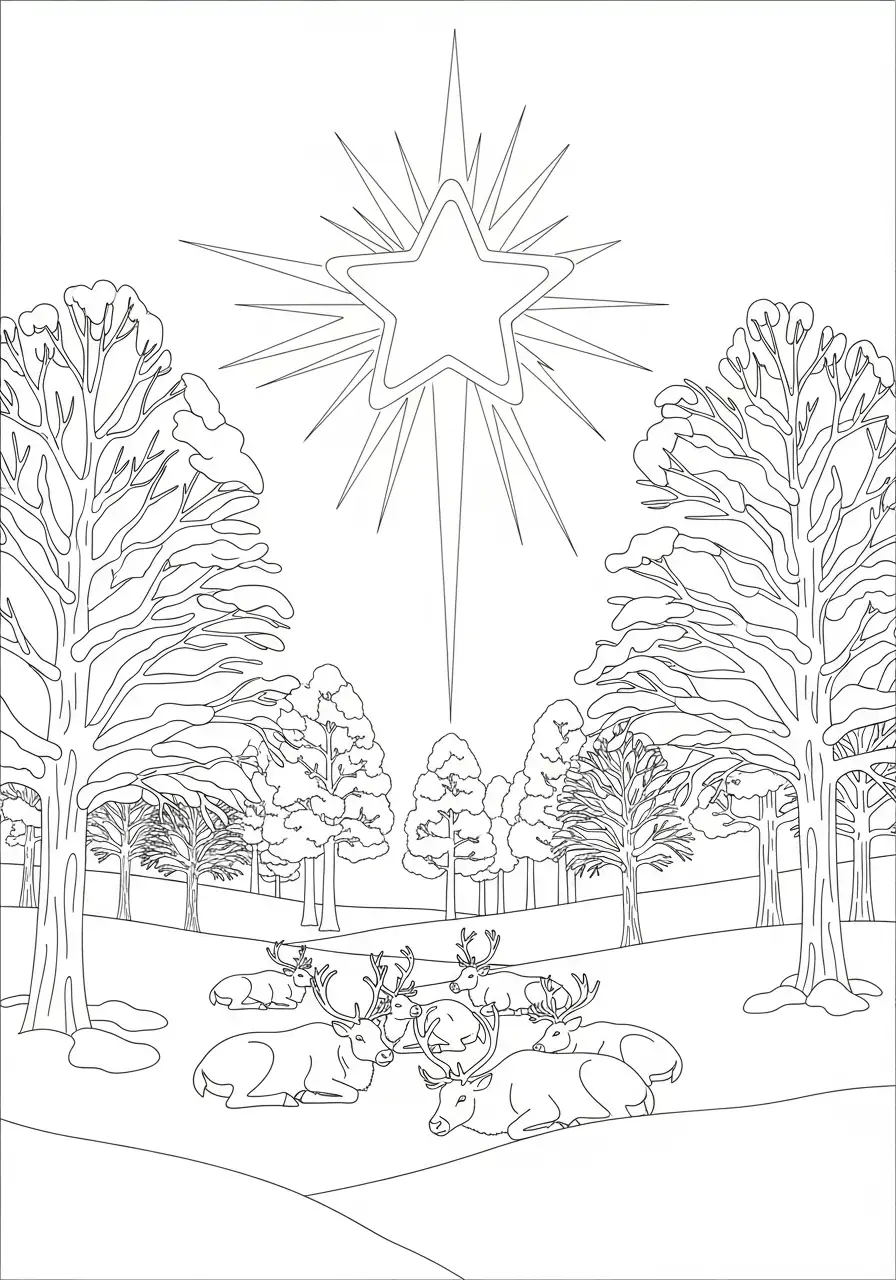 Kerstster Kleurplaat 22 rendieren in winterbos onder de ster kleurplaat