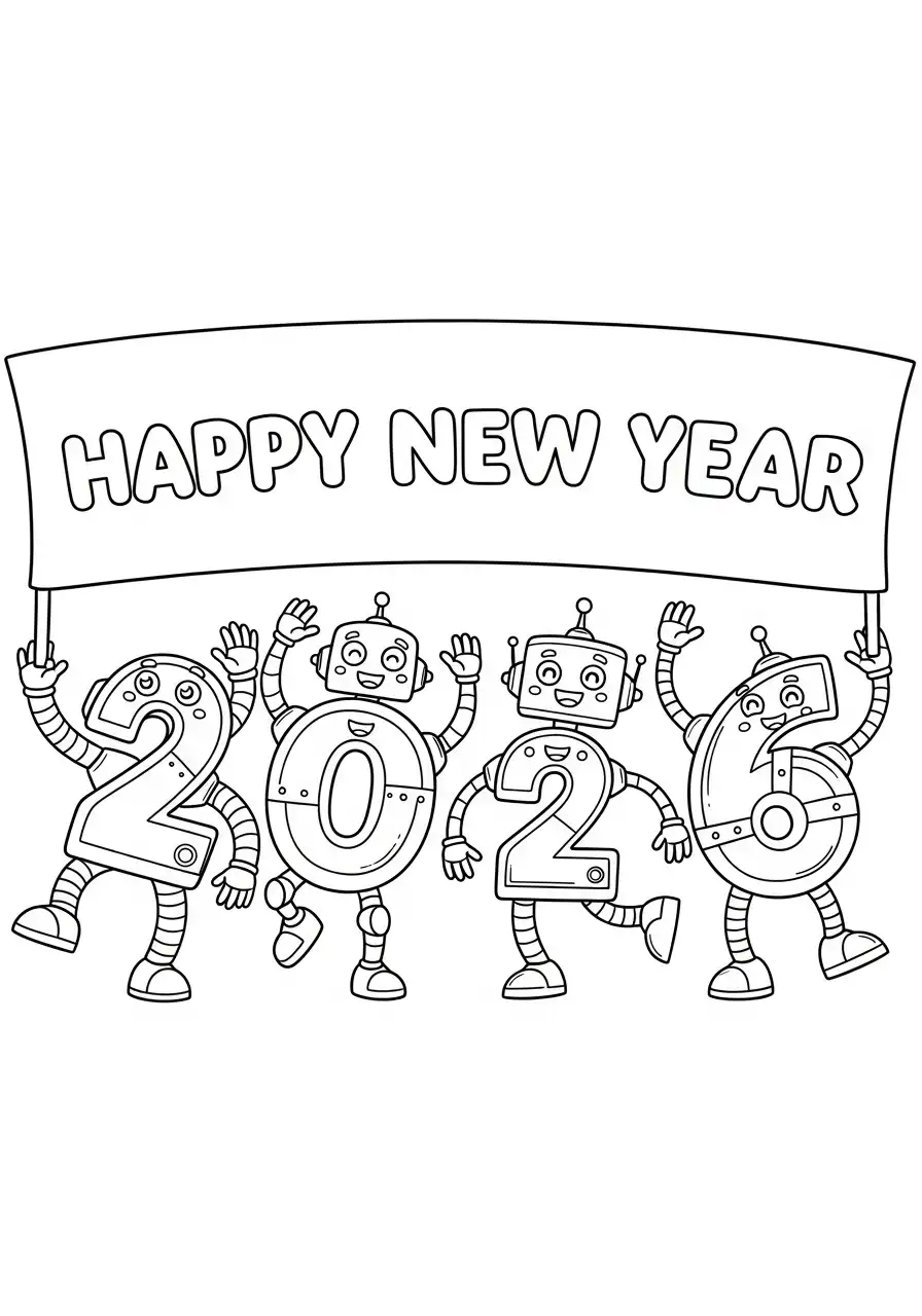 robots nieuwjaar 2026 kleurplaat