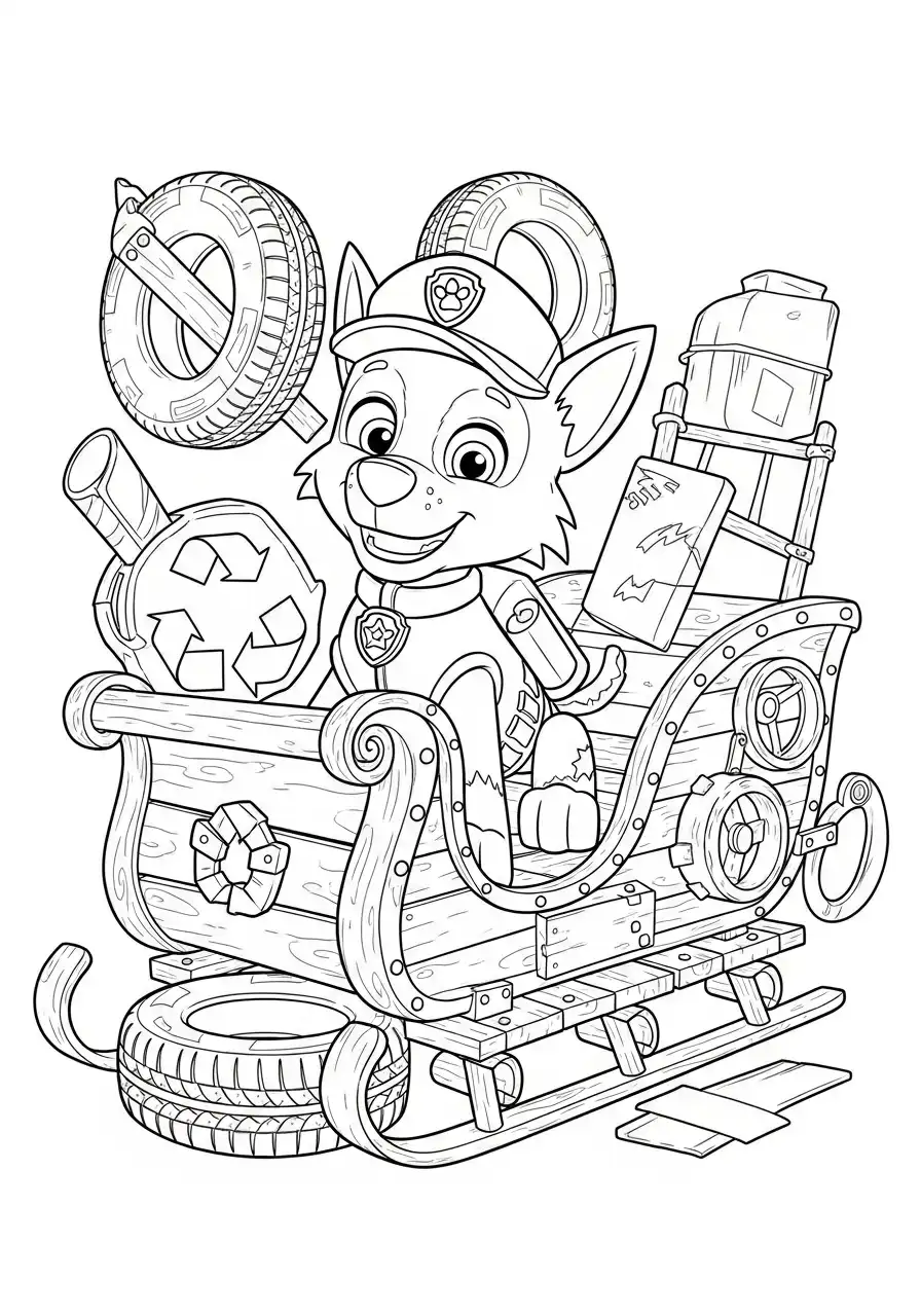 Paw Patrol Kerst Kleurplaat 49 rocky op slee gemaakt van gerecycled afval Kleurplaat