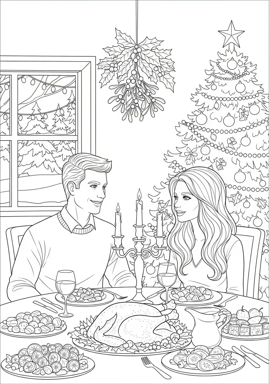 romantisch kerstdiner onder de maretak kleurplaat