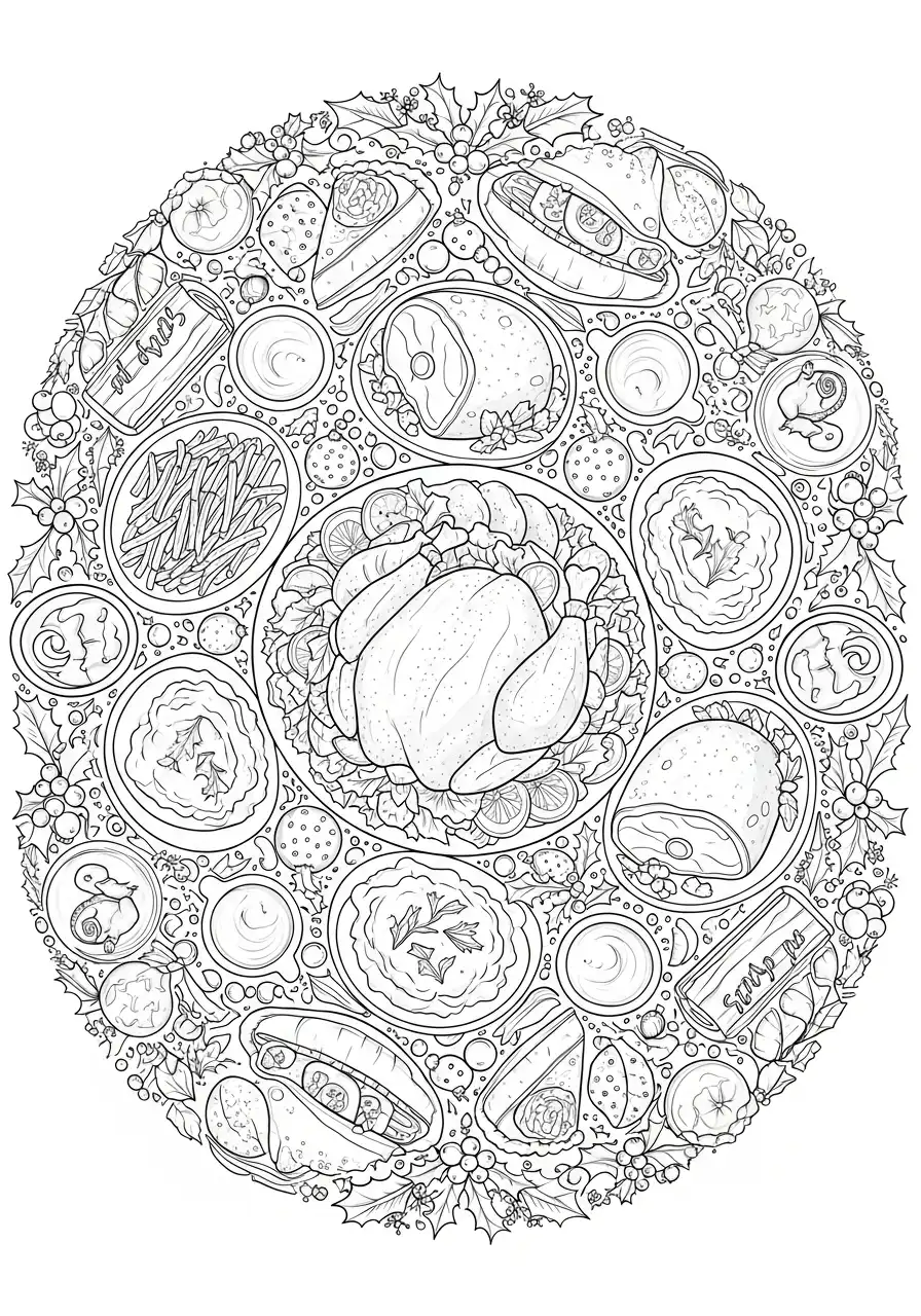 ronde schikking van alle kerstgerechten kleurplaat