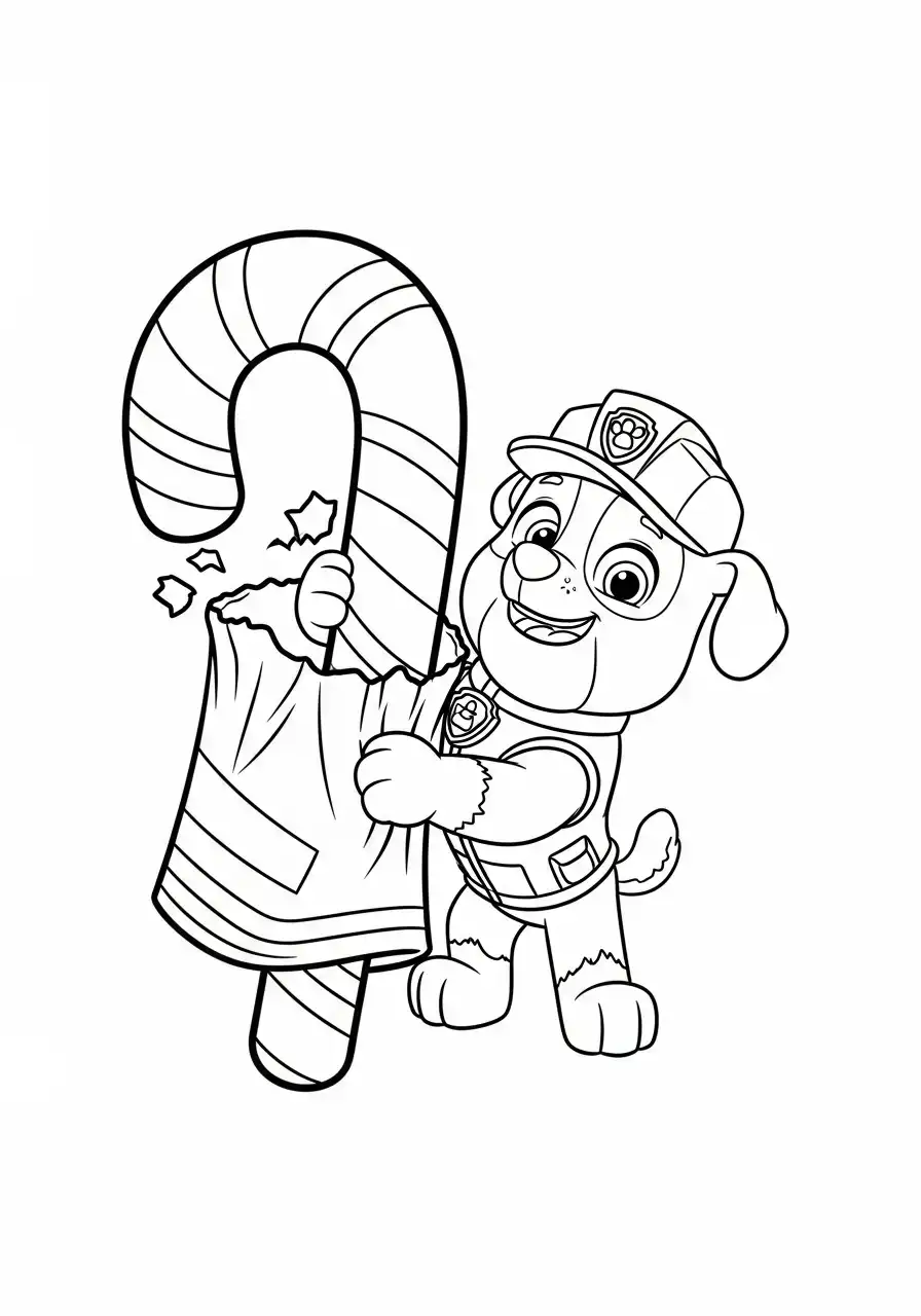 Paw Patrol Kerst Kleurplaat 52 rubble houdt grote kerstzuurstok vast Kleurplaat