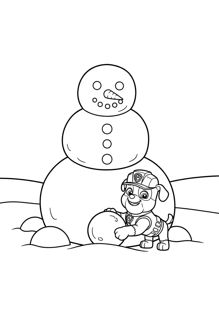 Paw Patrol Kerst Kleurplaat 53 rubble maakt een grote sneeuwpop Kleurplaat