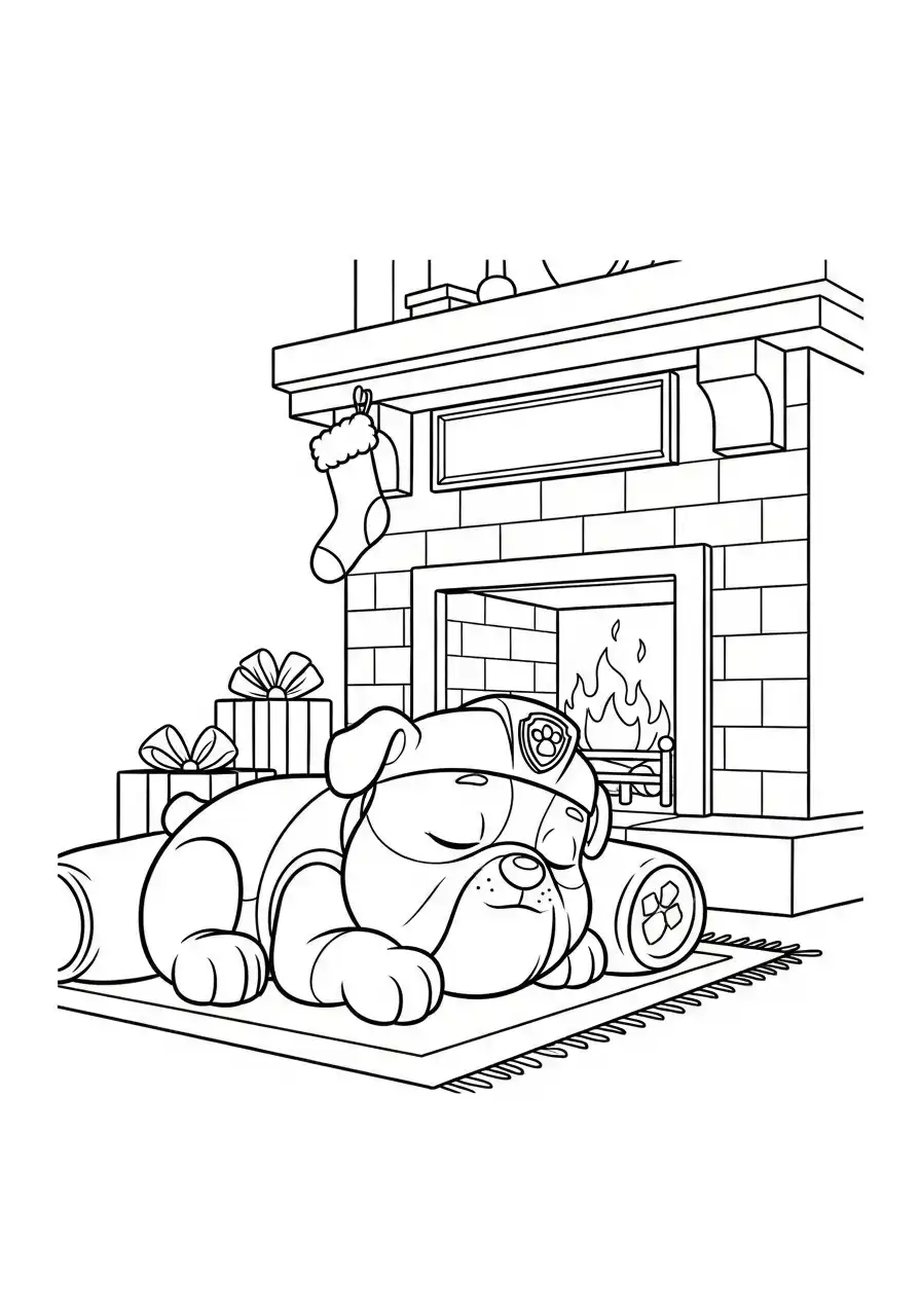Paw Patrol Kerst Kleurplaat 55 rubble slaapt bij open haard met sokken Kleurplaat
