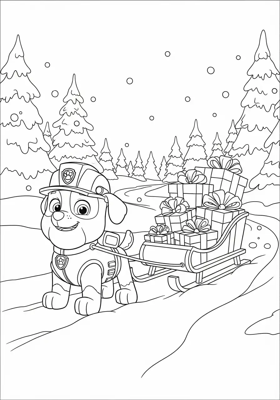 Paw Patrol Kerst Kleurplaat 56 rubble trekt slee met cadeaus door kerstbos Kleurplaat