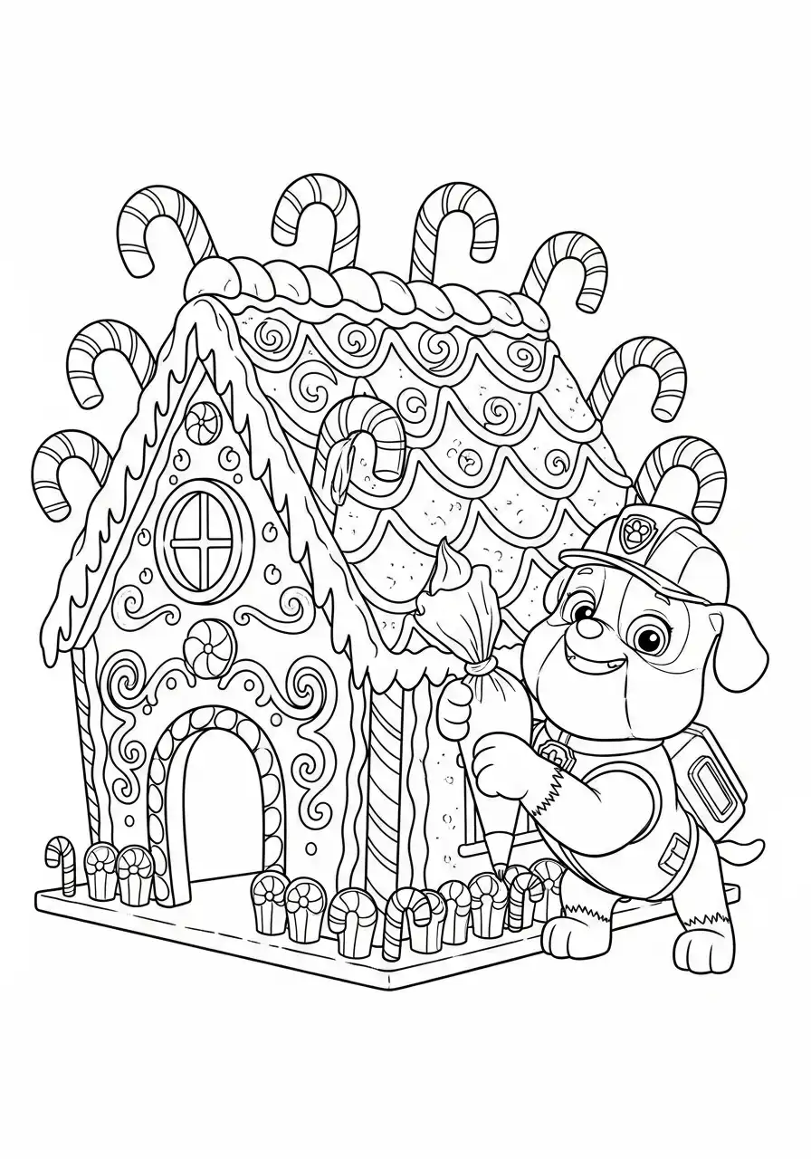 Paw Patrol Kerst Kleurplaat 57 rubble versiert suikergoed peperkoekhuis Kleurplaat