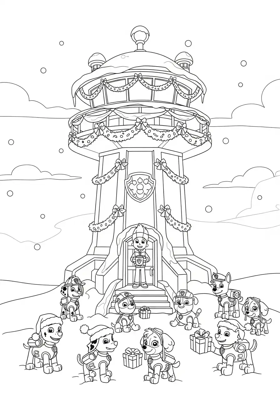 Paw Patrol Kerst Kleurplaat 58 ryder en pups krijgen cadeaus bij toren Kleurplaat