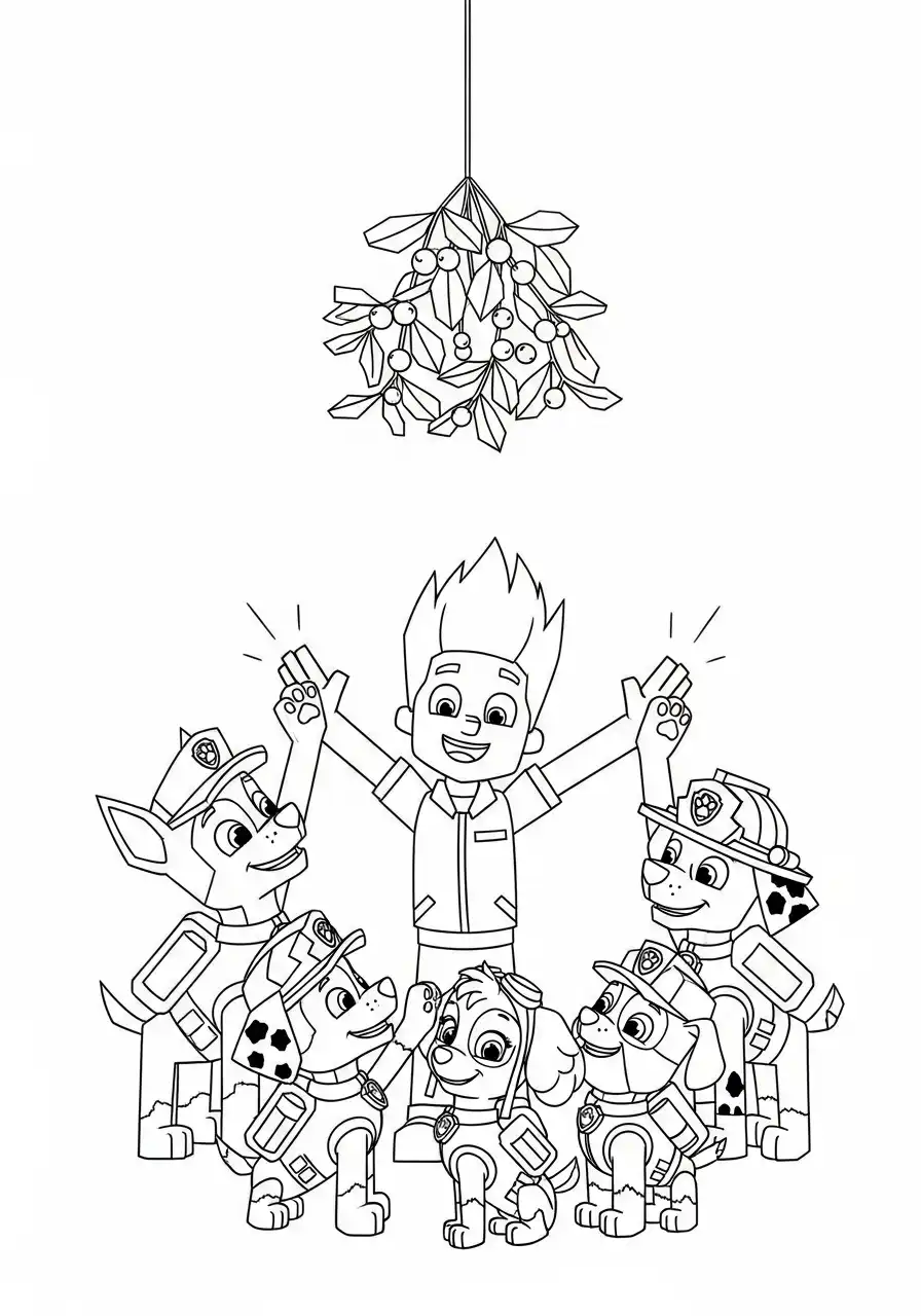 Paw Patrol Kerst Kleurplaat 59 ryder en pups onder de maretak kerst Kleurplaat