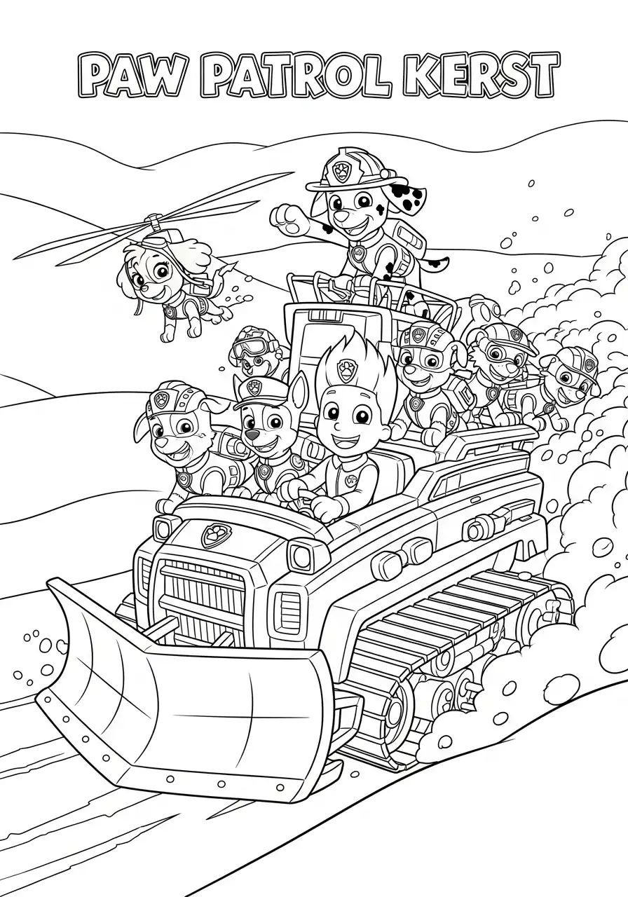 Paw Patrol Kerst Kleurplaat 60 ryder en pups op sneeuwschuiver actie Kleurplaat