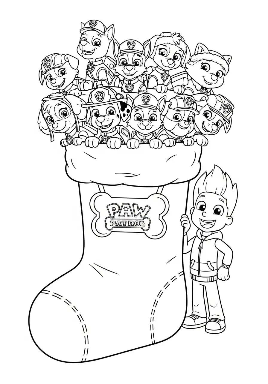 Paw Patrol Kerst Kleurplaat 61 ryder houdt enorme kerstsok vol pups vast Kleurplaat