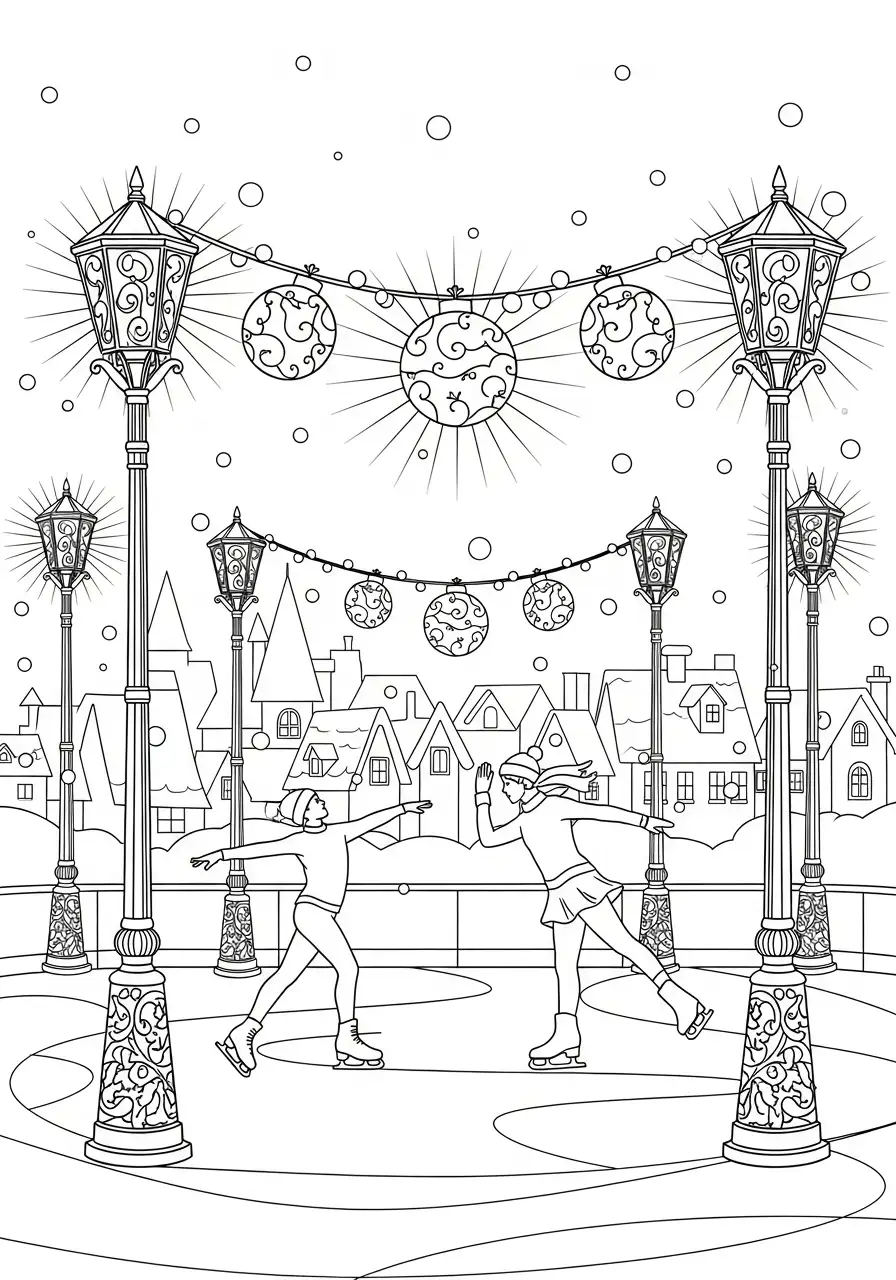 schaatsen onder lantaarnpalen stad kleurplaat
