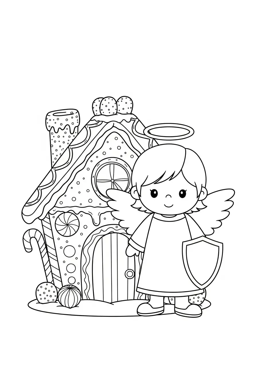 schattige engel bij peperkoekhuisje kleurplaat