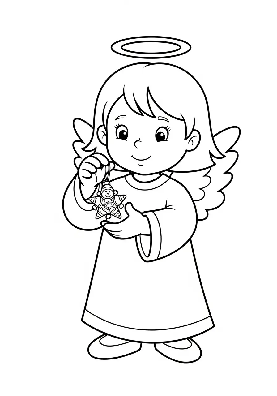 schattige engel met koekmannetje ornament kleurplaat