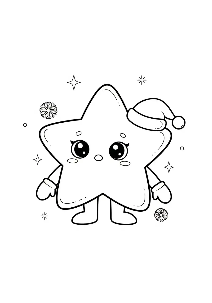 Kerstster Kleurplaat 21 schattige ster met kerstmuts kleurplaat