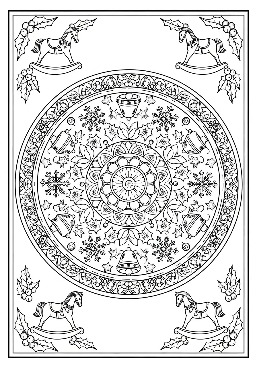 schommelpaard en sneeuwvlokken kleurplaat