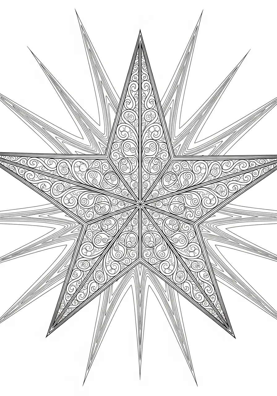 Kerstster Kleurplaat 20 sierlijke spiraal vijfpuntige ster kleurplaat