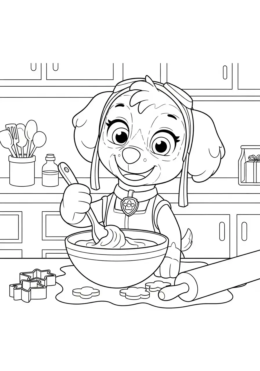 Paw Patrol Kerst Kleurplaat 63 skye bakt koekjes en mengt deeg in keuken Kleurplaat