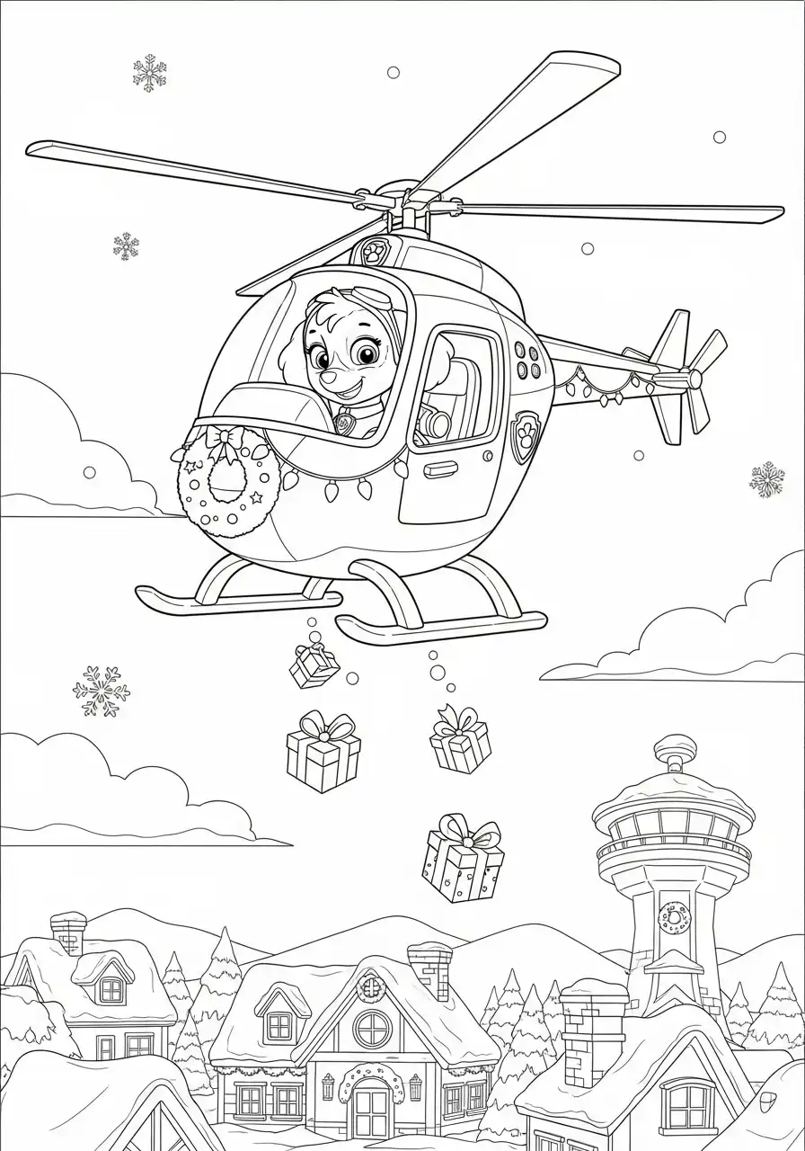 Paw Patrol Kerst Kleurplaat 64 skye helicopter dropt cadeaus boven dorp Kleurplaat