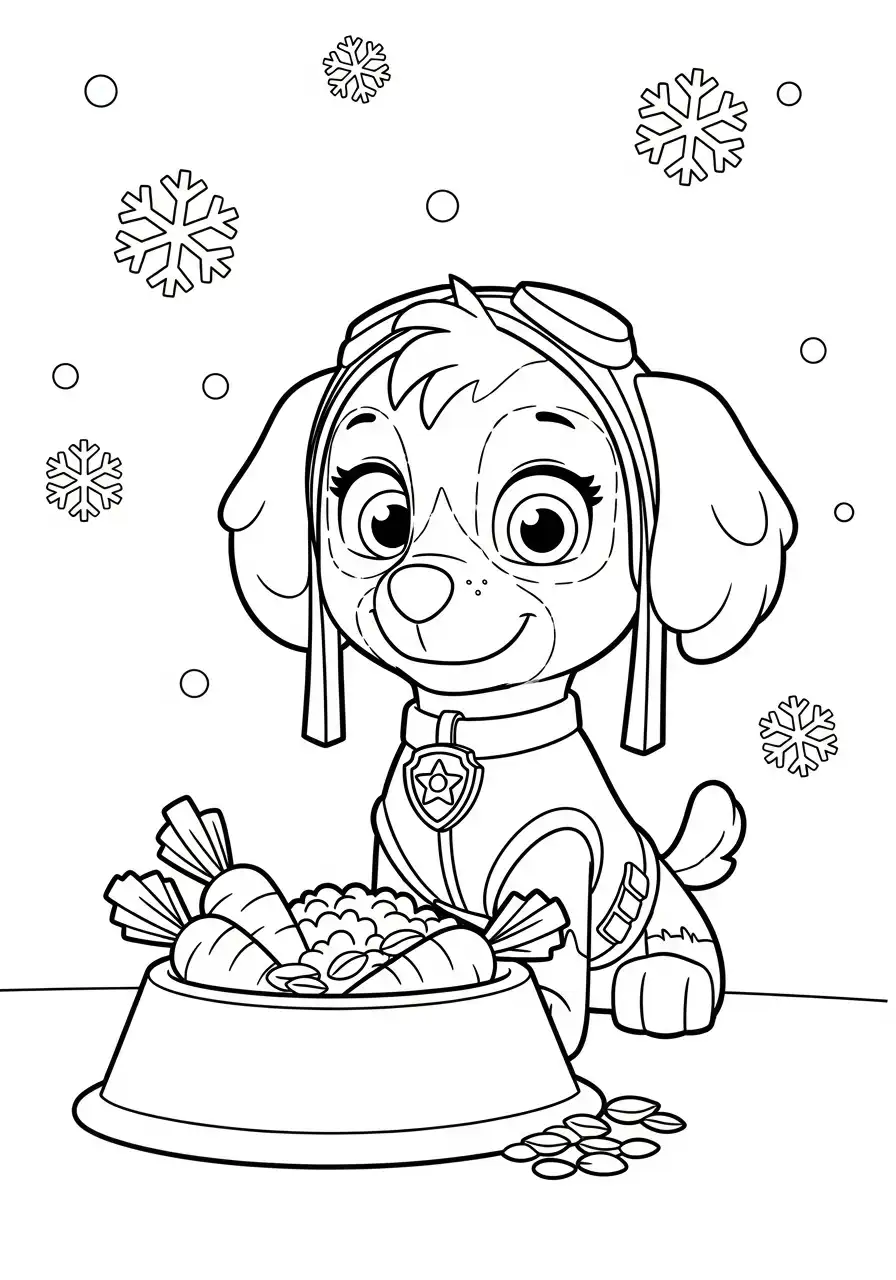 Paw Patrol Kerst Kleurplaat 66 skye kijkt naar voerbak met wintergroenten Kleurplaat