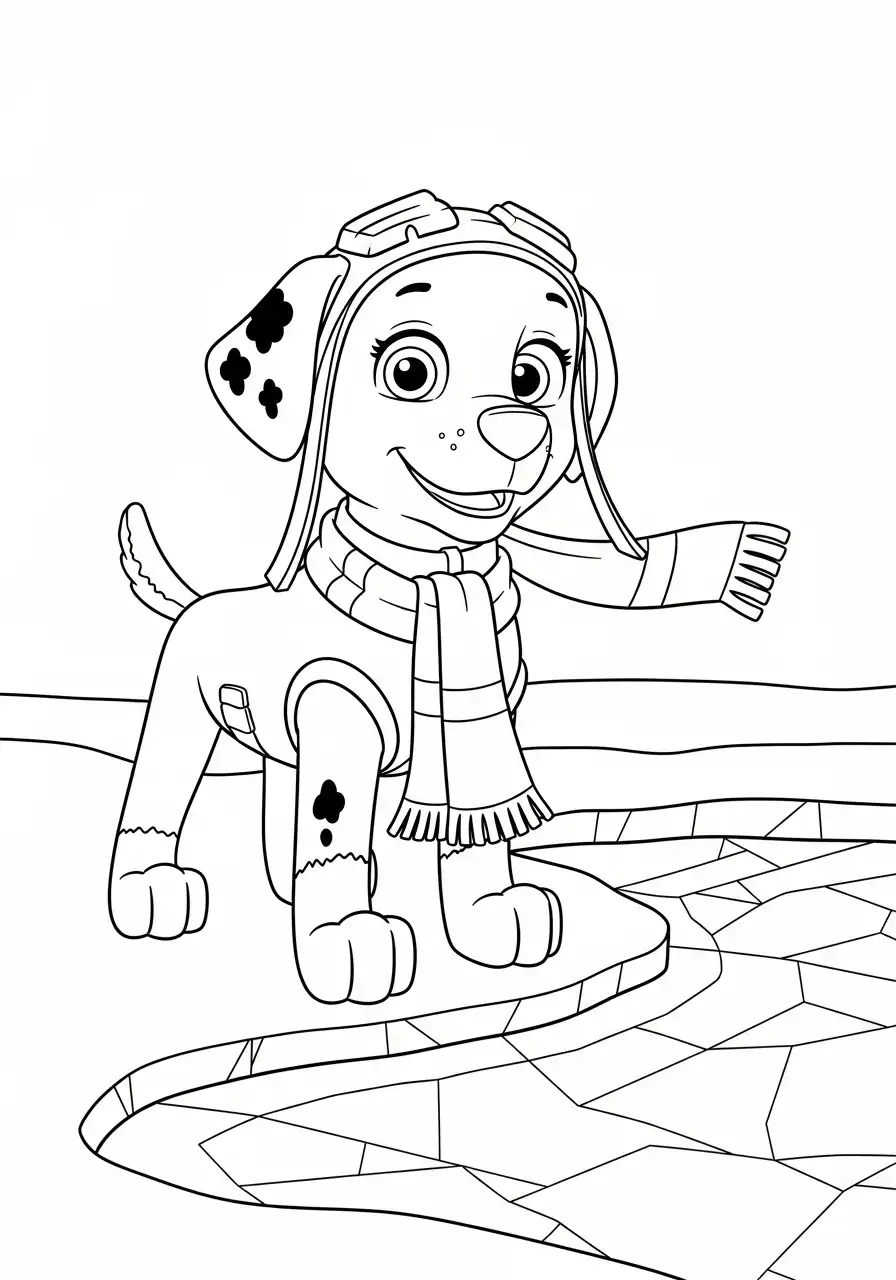 Paw Patrol Kerst Kleurplaat 67 skye met sjaal op gladde ondergrond Kleurplaat