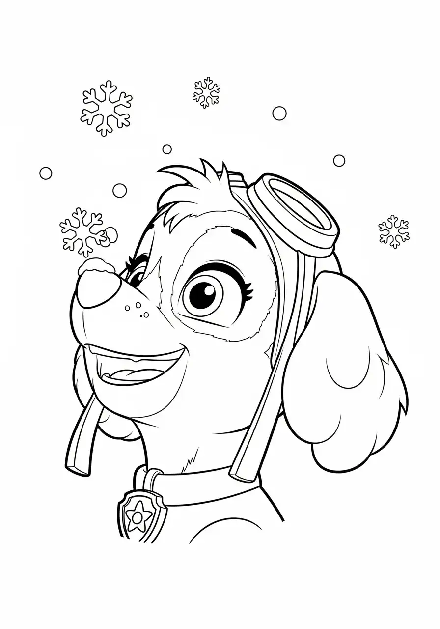 Paw Patrol Kerst Kleurplaat 68 skye portret met vallende sneeuwvlokken Kleurplaat