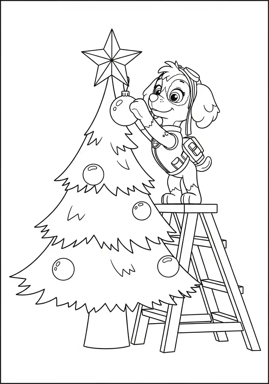 Paw Patrol Kerst Kleurplaat 70 skye versiert kerstboom met ster ladder Kleurplaat