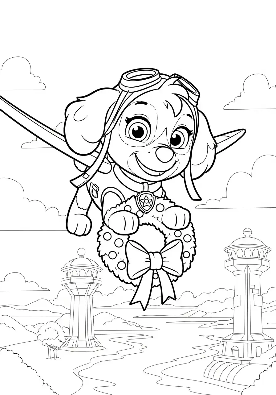 Paw Patrol Kerst Kleurplaat 71 skye vliegt met kerstkrans boven avonturenbaai Kleurplaat