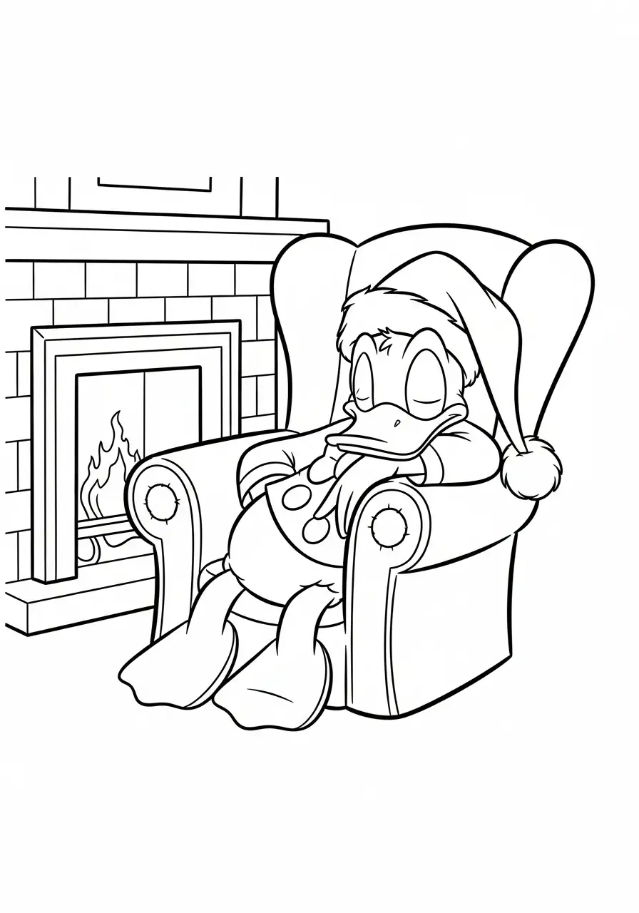 slaperige donald duck bij de open haard kleurplaat