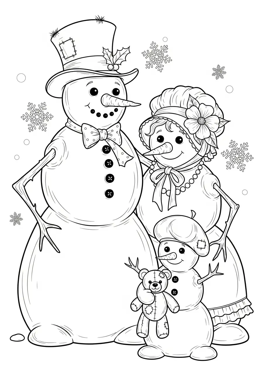 sneeuwpop familie december kleurplaat