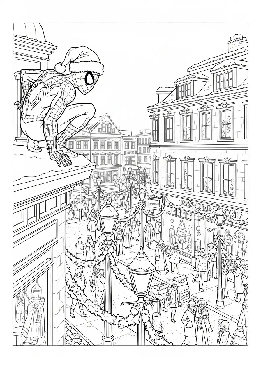 spiderman duim omhoog met kerstslinger kleurplaat