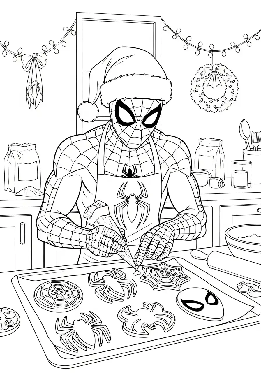 spiderman houdt kerstbal vast kleurplaat