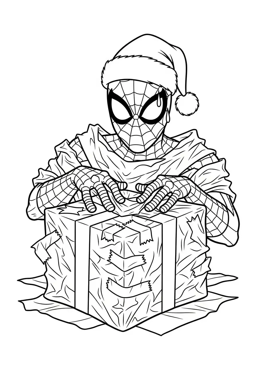 spiderman hurkt op geometrisch cadeau kleurplaat