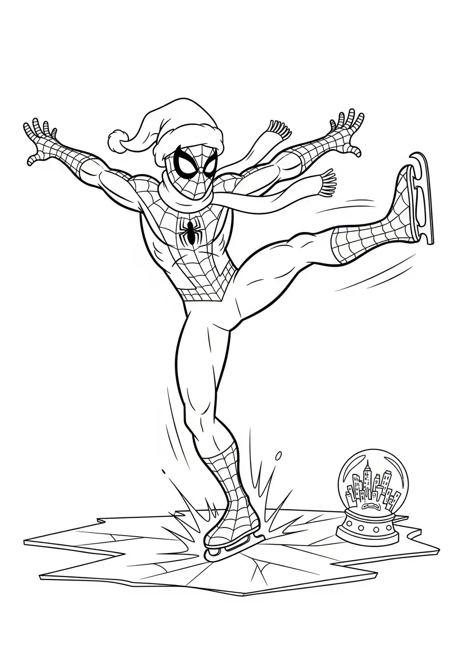 spiderman ijsschaatsen in kerstmuts kleurplaat