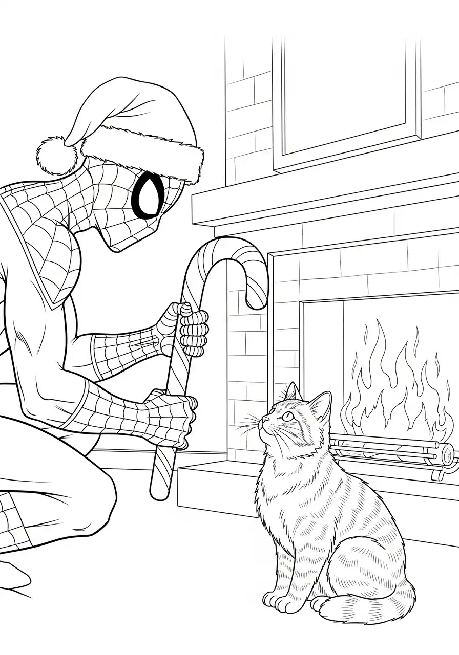 spiderman loopt naar kersthuisje kleurplaat