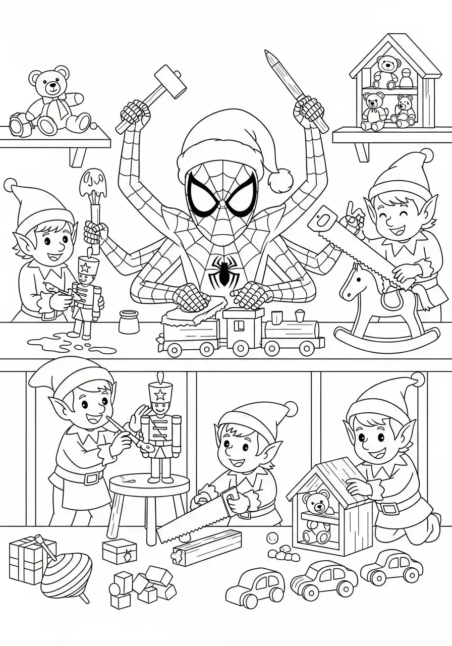 spiderman op dak kijkt naar kerstmarkt kleurplaat