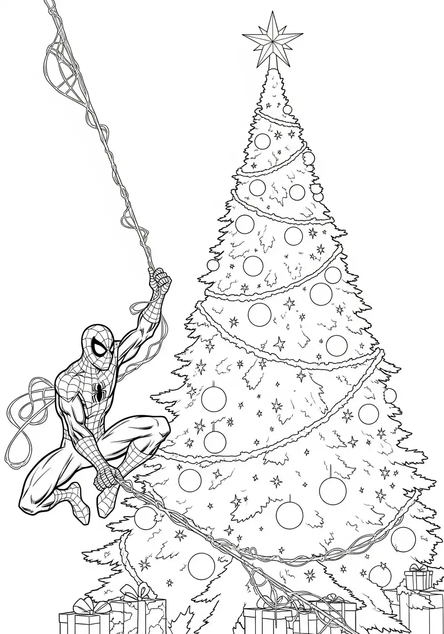 spiderman slingert bij kerstboom kleurplaat