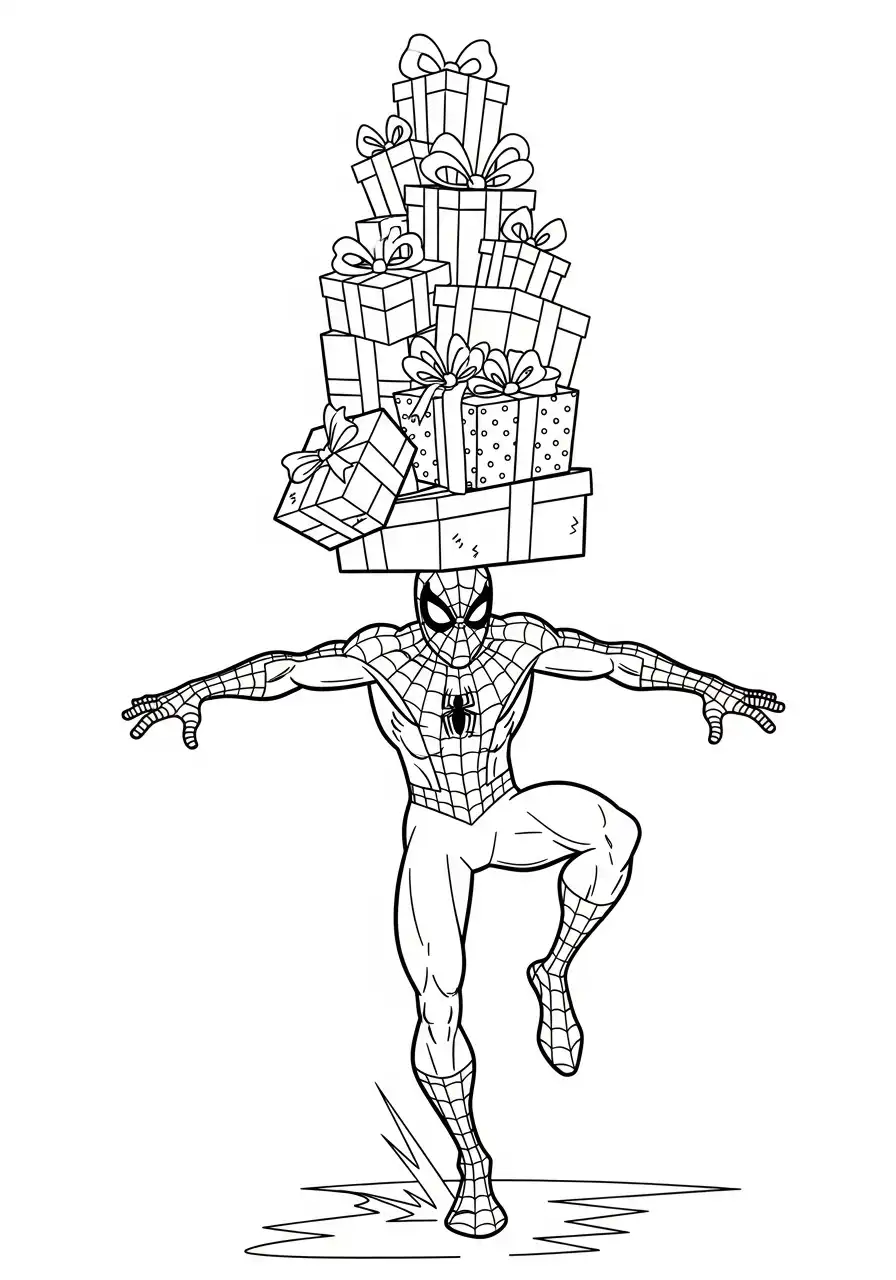 spiderman springt op cadeautoren kleurplaat
