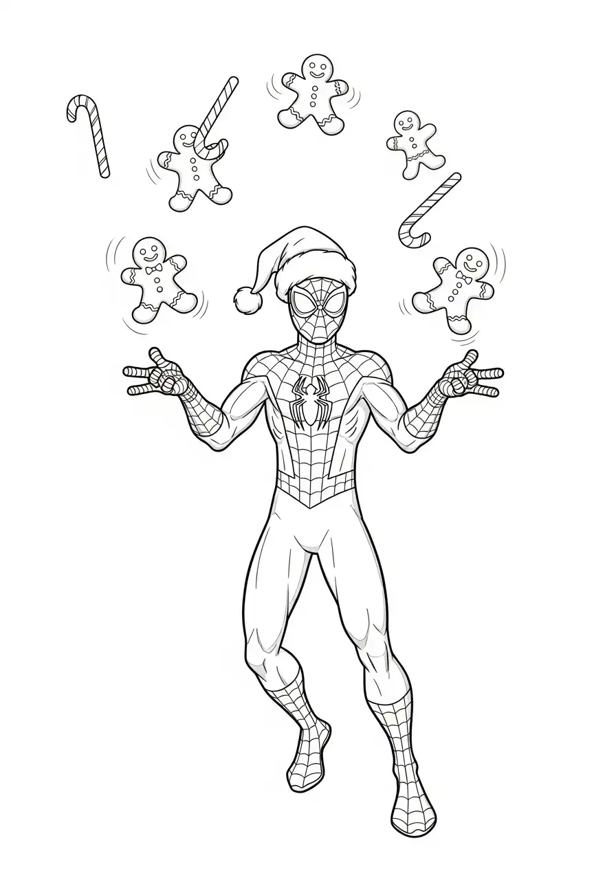 spiderman verstrikt in kerstverlichting kleurplaat