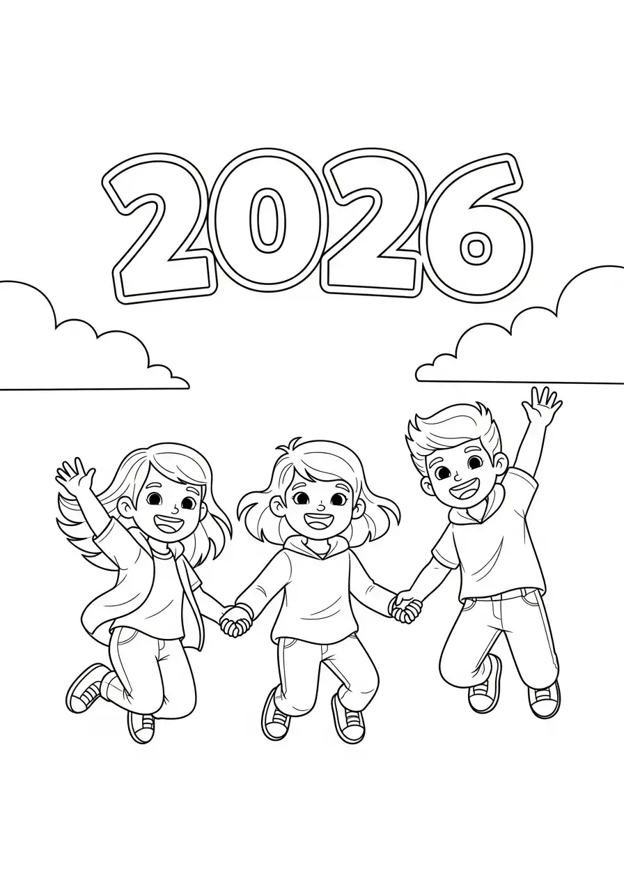 springende vrienden 2026 kleurplaat